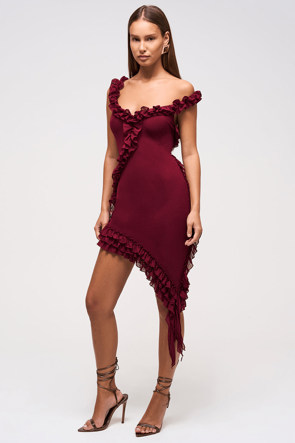 Ruffle Asymmetric Dress in Maroon – Party Dress