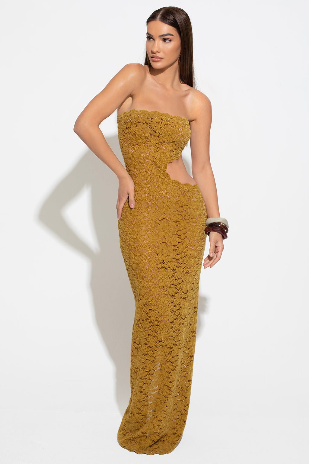Riviera Green Bandeau Cut-Out Maxi Dress – Lace Maxi