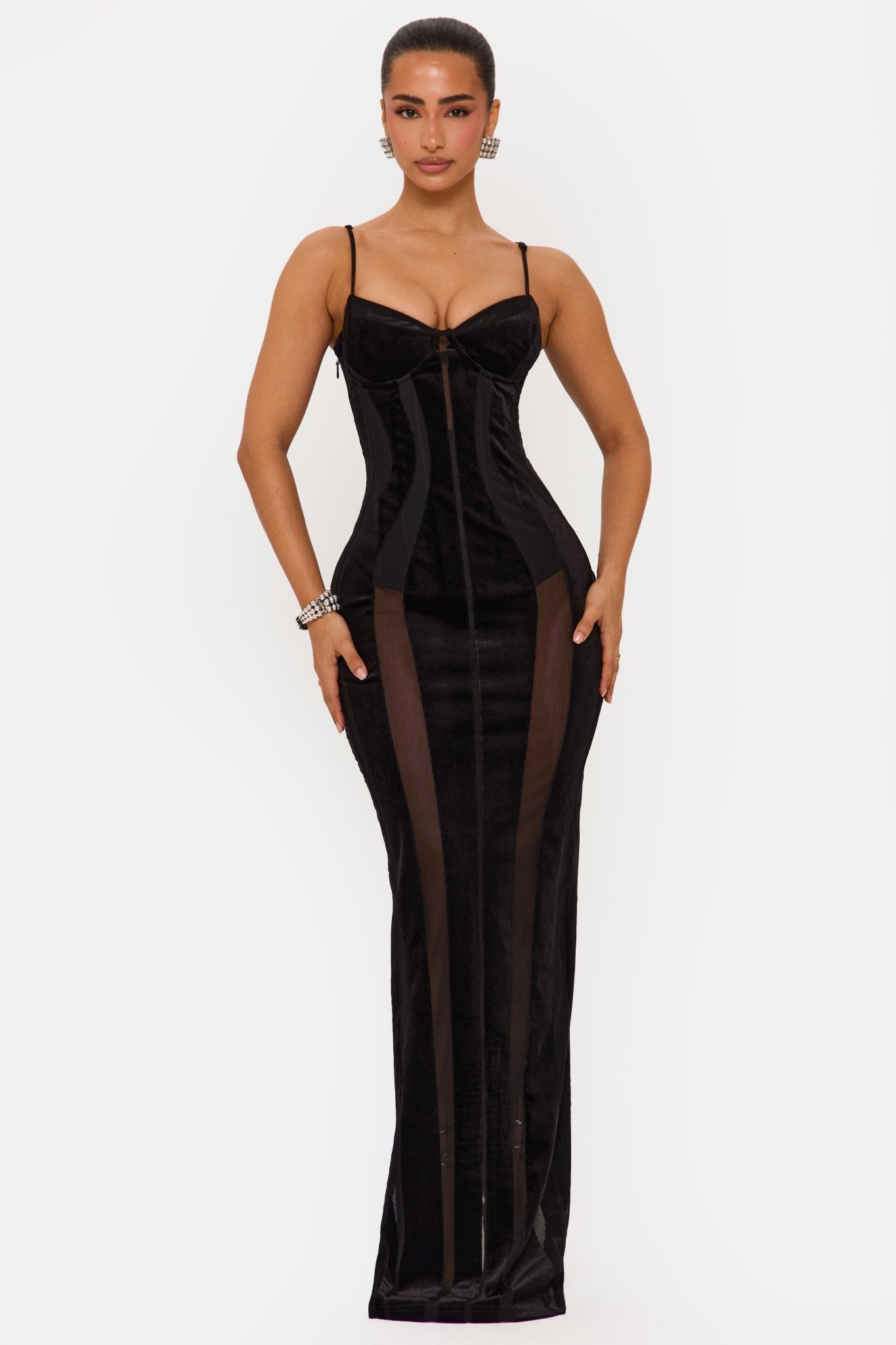 murci dresses SCANDAL Black VELVET PANELLED MAXI DRESS / US 4