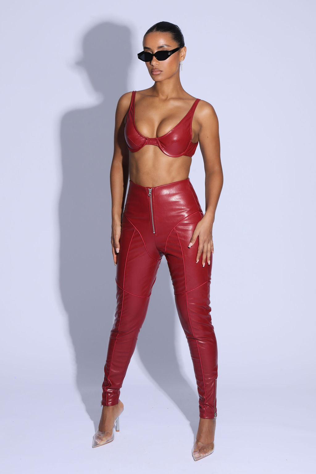 PU PIPED DETAIL LEATHER LEGGINGS IN CHERRY
