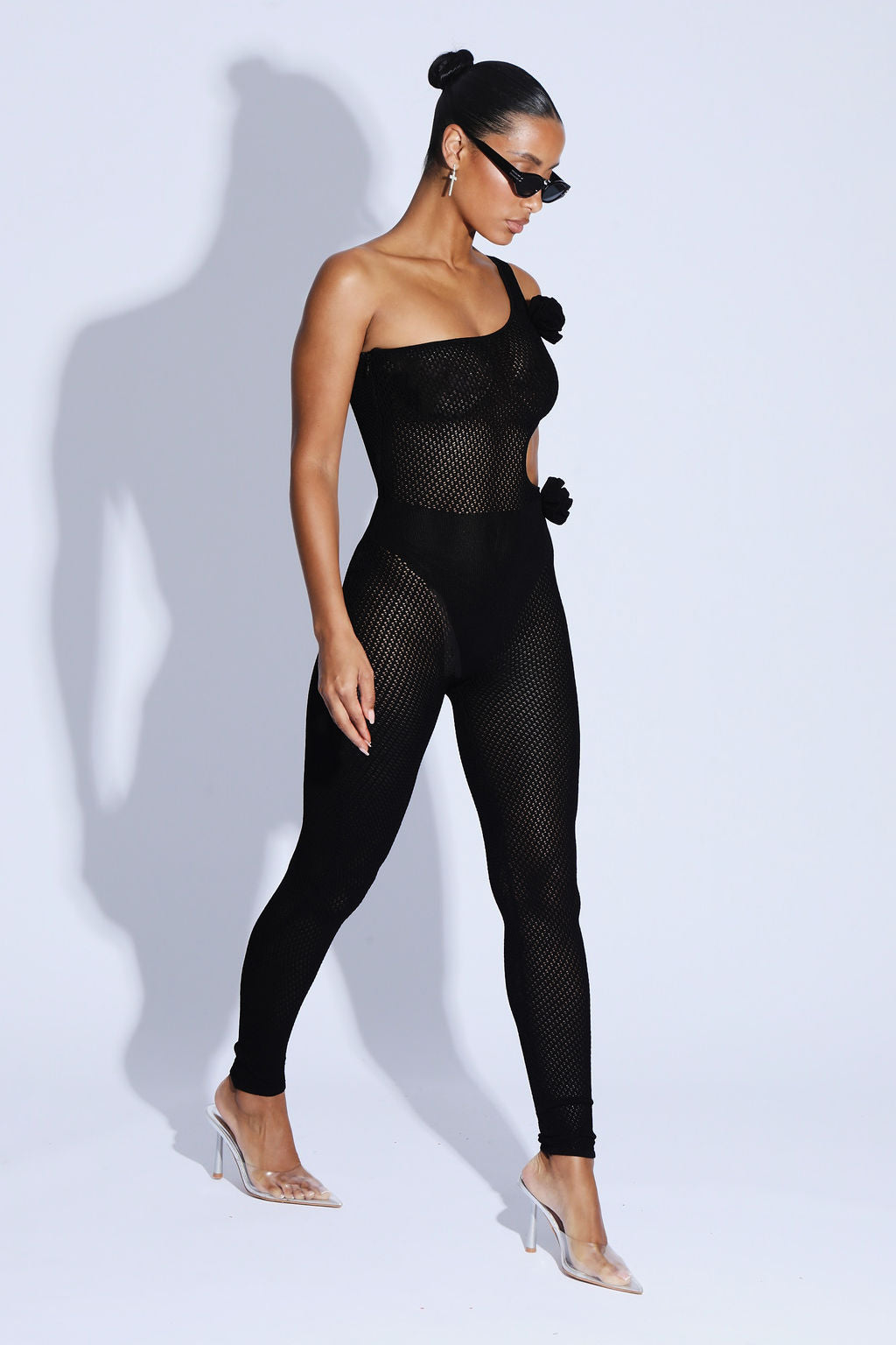 ROSE DETAIL CUT OUT KNITTED JUMPSUIT IN MIDNIGHT BLACK