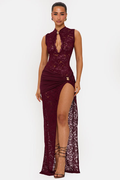 Onyx Dress Lace Keyhole Maxi Dress in Wine 6